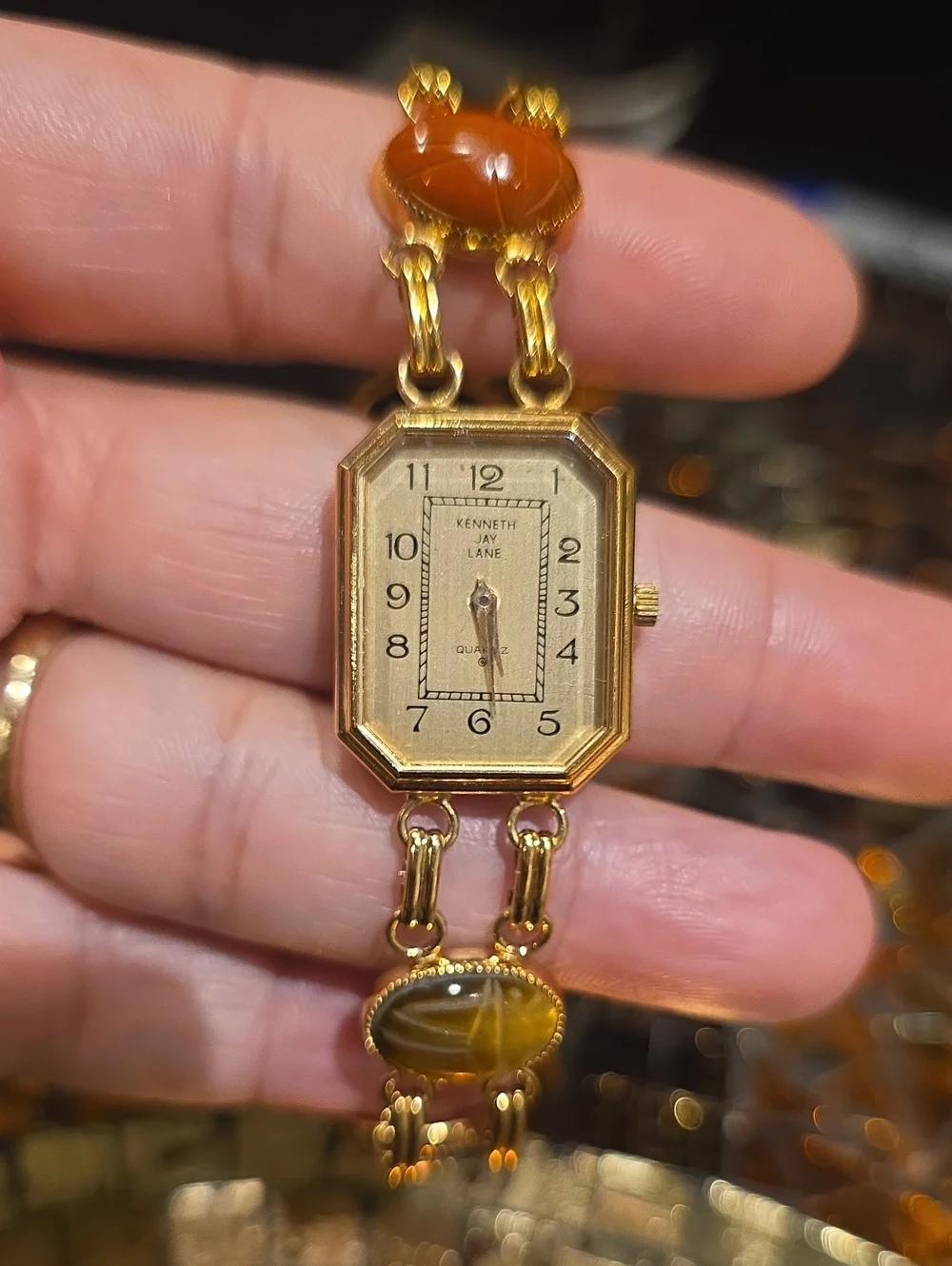 Kenneth Jay Lane Gold-Tone Watch with Amber and Brown Cabochons